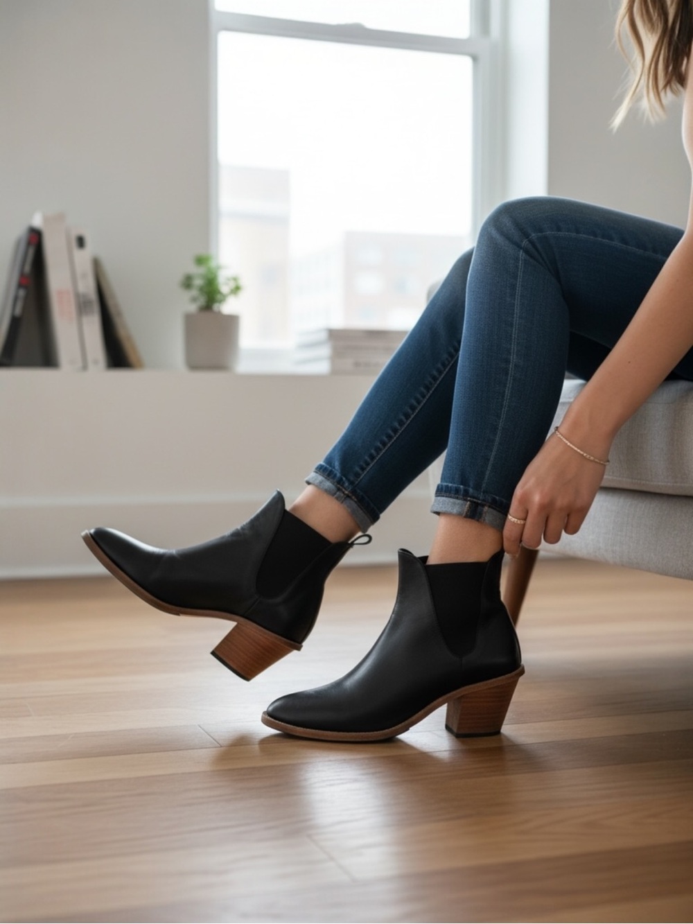 Poppy Barley black leather western slip on stacked heel ankle boots size 8 1/2